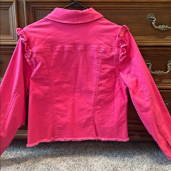 Women’s Bright Pink Ruffle Jean Jacket - Picture 2 of 2